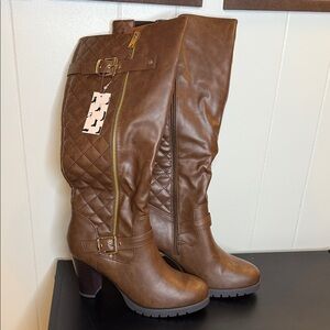 Brown Quilted Knee-High Boots